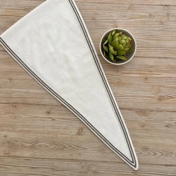 Cashmere Triangle Scarf – Soft Ivory w/ Taupe Stripe | Lightweight Coastal - Picture 4 of 5